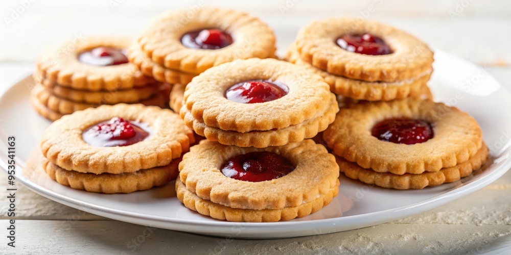 Sweet cookies filled with jam on a white plate , dessert, sweets, pastries, baking, delicious, snack Sweet cookies filled with jam on a white plate , dessert, sweets, pastries, baking, delicious, snack