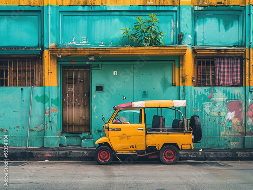 Yellow Jeepney Parked in Front of Building photo