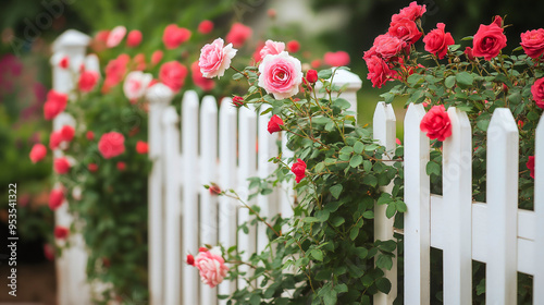 A beautiful white garden fence surrounds a blooming pink rose flower bush, beauty of nature in the summer and spring blossom, with lush green foliage and colorful flowers photo