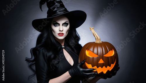 High-resolution studio photo of woman in black witch outfit with dramatic makeup, holding glowing carved pumpkin, against dark-to-light gray gradient background, generative ai