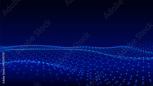 Abstract vector technology blue hexagon wave with motion dots and lines. Dark cyberspace in digital background. Dynamic cyber hexagon mesh. Medical backdrop. Futuristic wireframe texture.
