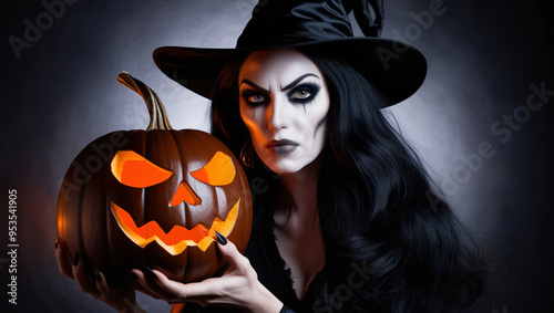 High-resolution studio photo of woman in black witch outfit with dramatic makeup, holding glowing carved pumpkin, against dark-to-light gray gradient background, generative ai photo