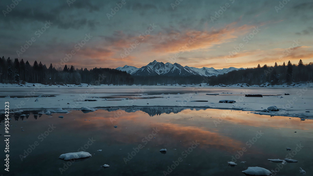 Fototapeta premium Frozen lake reflecting the icy winter landscape background