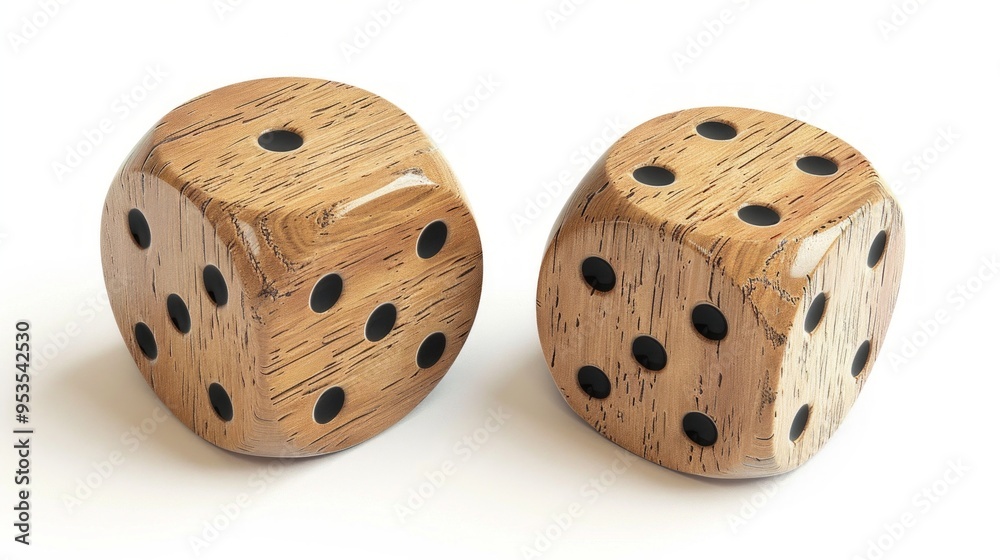 Two wooden dice on a clean white background. Each die shows different numbers. They have a natural wood finish with black dots. Perfect for games and themed decor. AI Two wooden dice on a clean white background. Each die shows different numbers. They have a natural wood finish with black dots. Perfect for games and themed decor. AI
