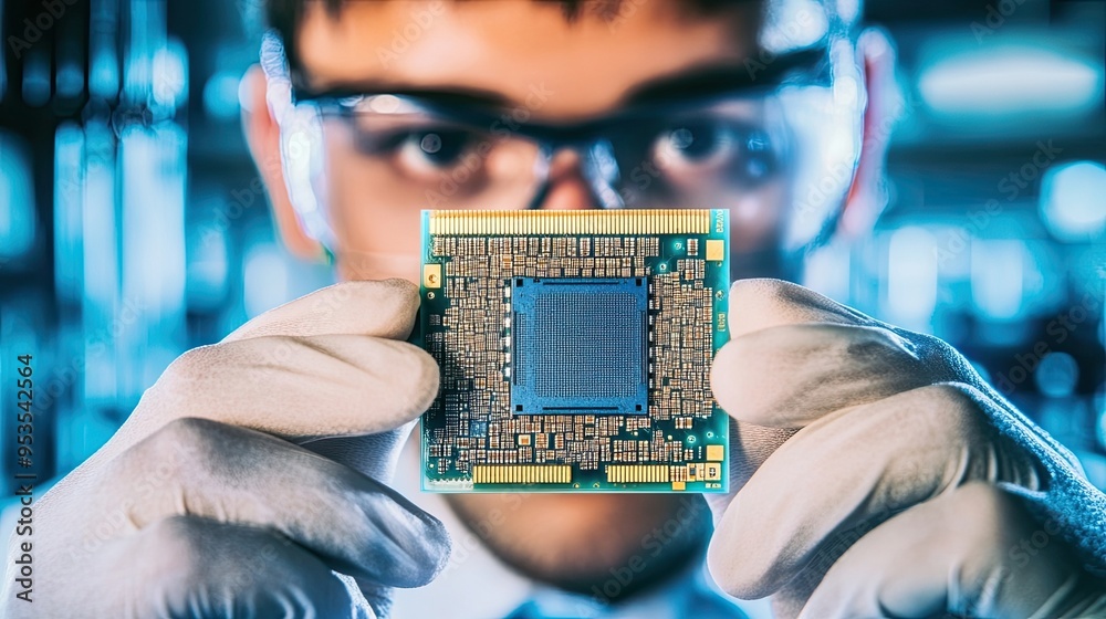 Close-Up Portrait of Engineer Holding a CPU Chip, Demonstrating Precision in Technology and the Role of Nanotechnology in Electronics and Computing Close-Up Portrait of Engineer Holding a CPU Chip, Demonstrating Precision in Technology and the Role of Nanotechnology in Electronics and Computing