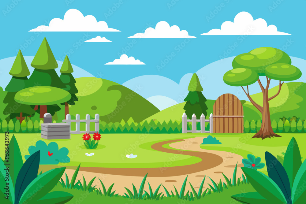 Naklejka premium Landscape with a green grass garden and an open sky vector illustration 