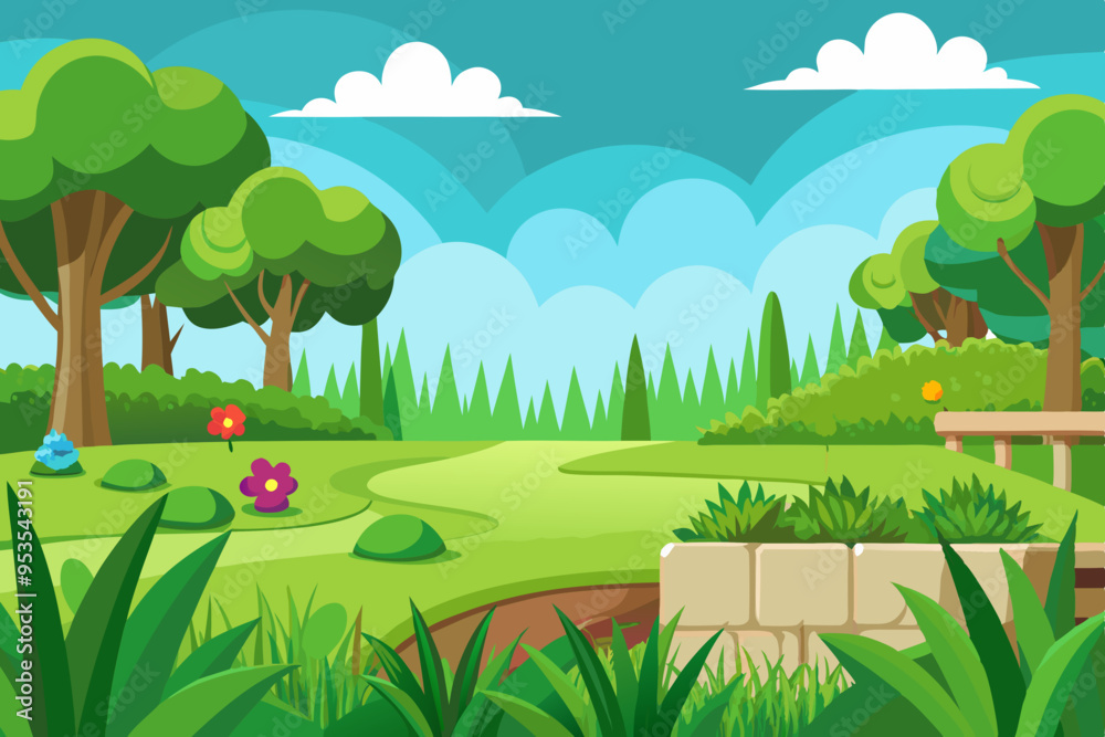 Naklejka premium Landscape with a green grass garden and an open sky vector illustration