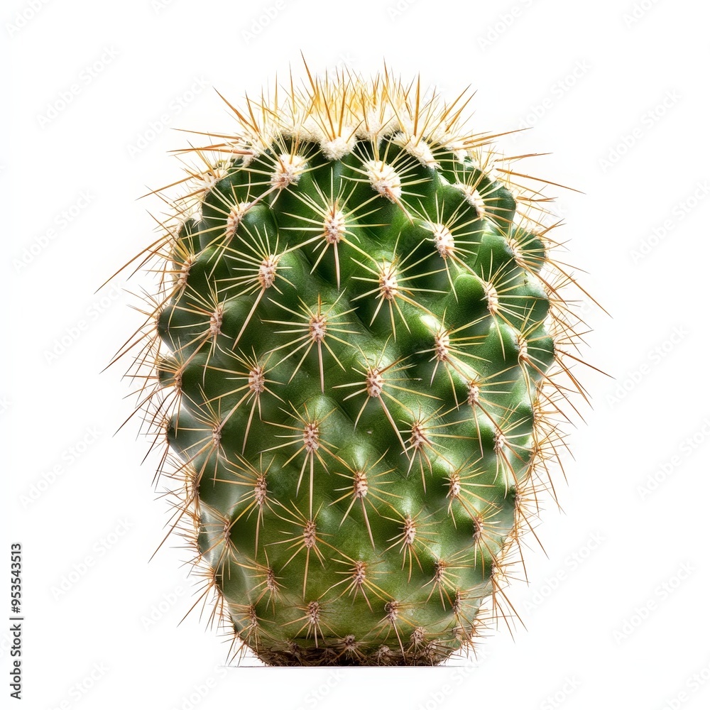 A cactus with many spines is sitting on a white background A cactus with many spines is sitting on a white background