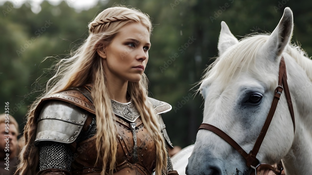Obraz premium A woman in a medieval costume stands next to a white horse - generative AI