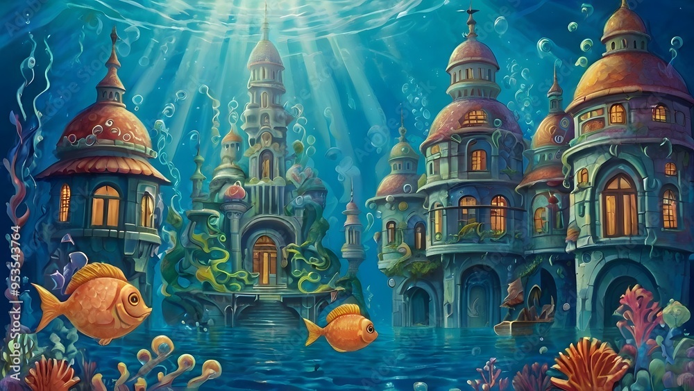 Fototapeta premium A colorful underwater scene with a castle and a boat - generative AI