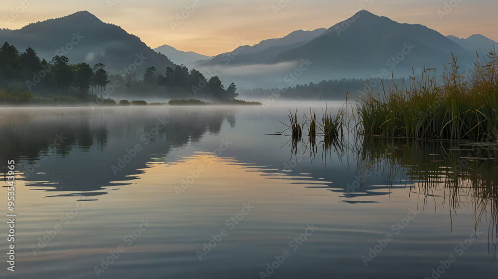 A serene lakeside at dawn, with mist rising from the water, tall reeds swaying gently, and a distant mountain reflected in the still surface. Background