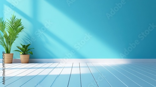 A bright, modern interior with a blue wall, wooden floor, and lush green plants creating a fresh and inviting atmosphere.