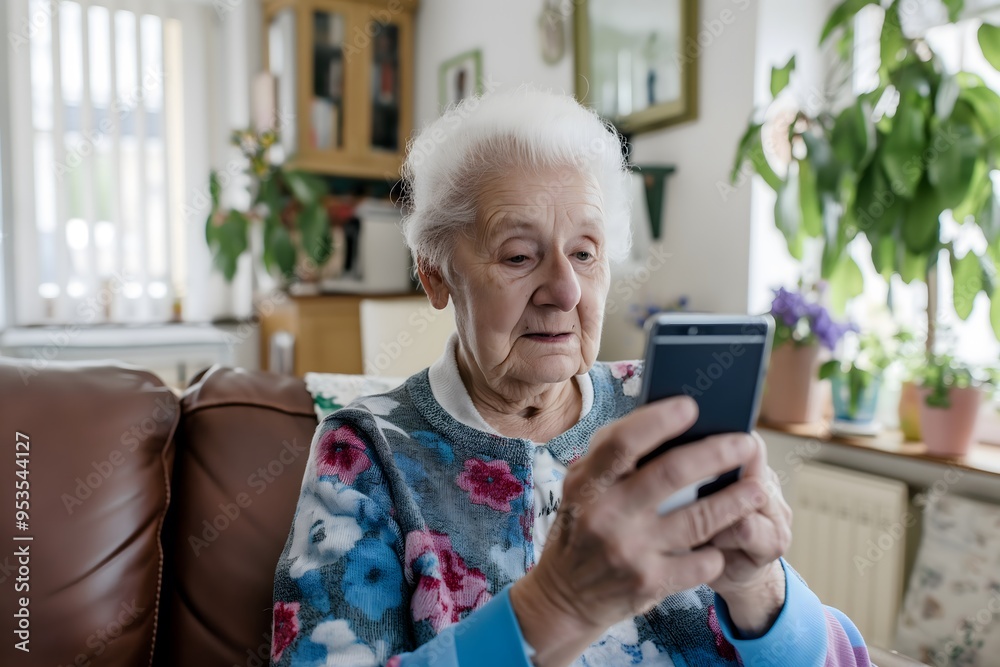 Senior woman engrossed in her smartphone, trying to learn its features, unaware of possible scams. Senior woman engrossed in her smartphone, trying to learn its features, unaware of possible scams.