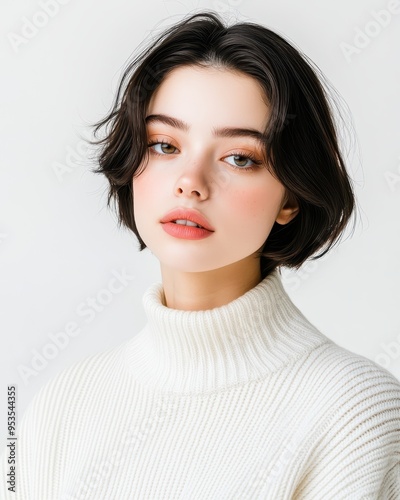 A close-up portrait of a young woman with a stylish bob haircut, wearing a cozy white sweater, showcasing natural beauty and elegance.