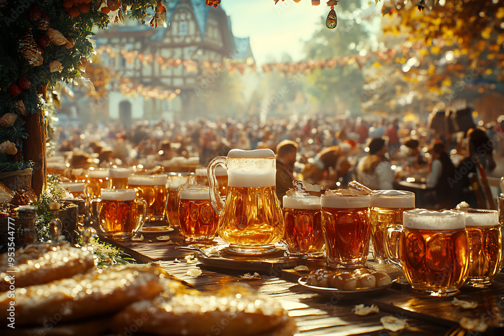 Oktoberfest celebration filled with a festive atmosphere, showcasing traditional elements like beer, pretzels, and lively decorations. Oktoberfest celebration filled with a festive atmosphere, showcasing traditional elements like beer, pretzels, and lively decorations.