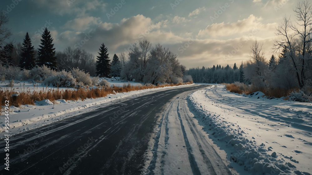 Snow covered roads through winter landscape background Snow covered roads through winter landscape background
