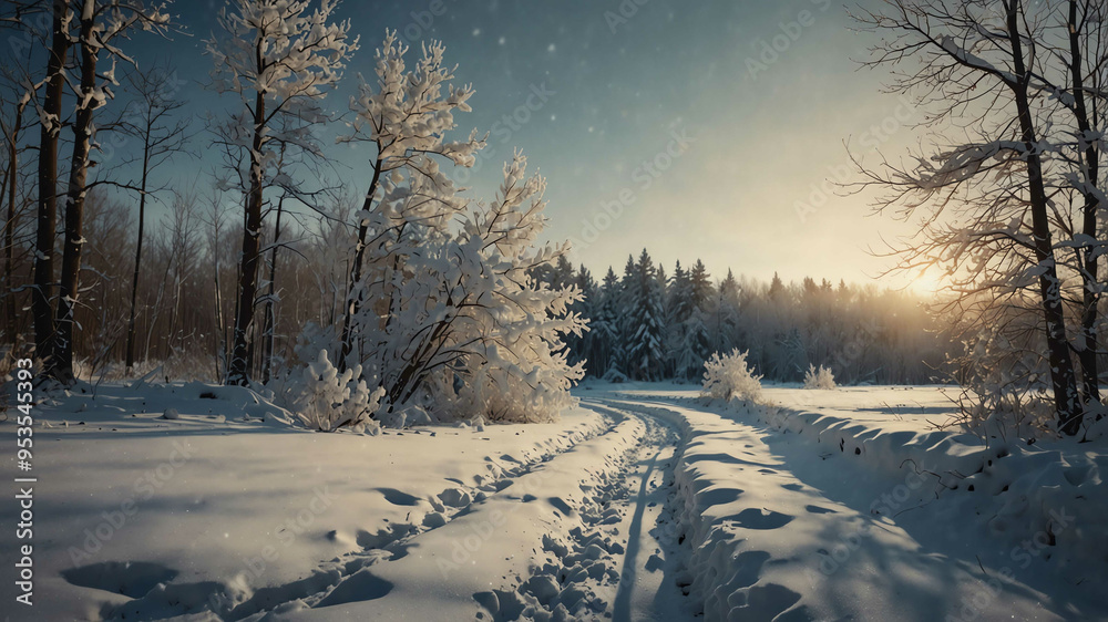 Snow covered trails through winter landscape background Snow covered trails through winter landscape background