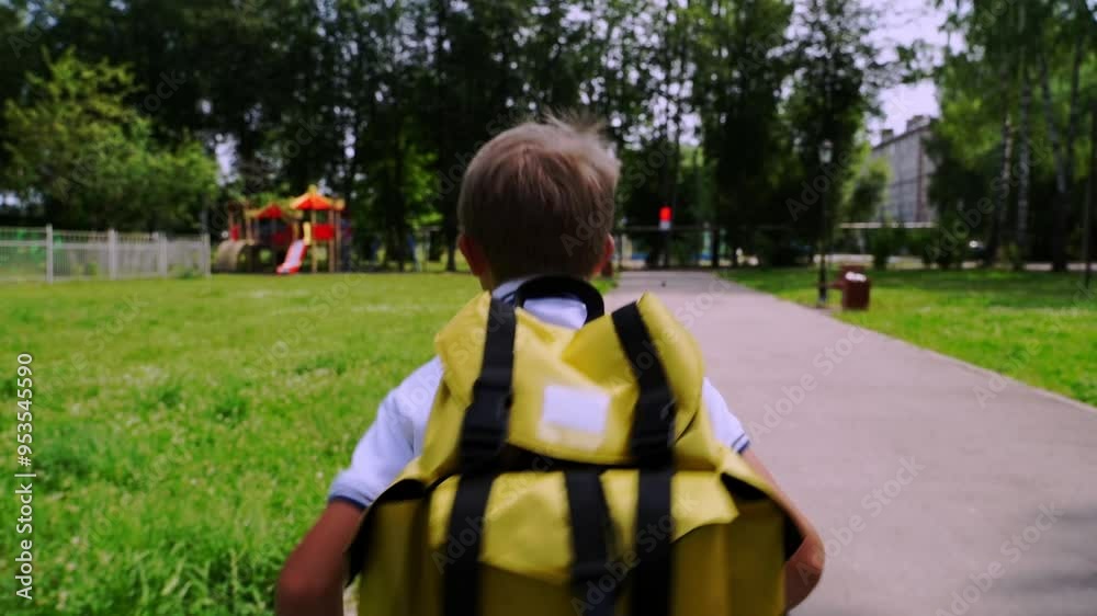 First grade boy goes to school with a backpack First grade boy goes to school with a backpack