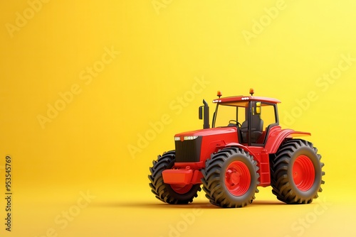 A tractor with black tires is parked on a yellow background