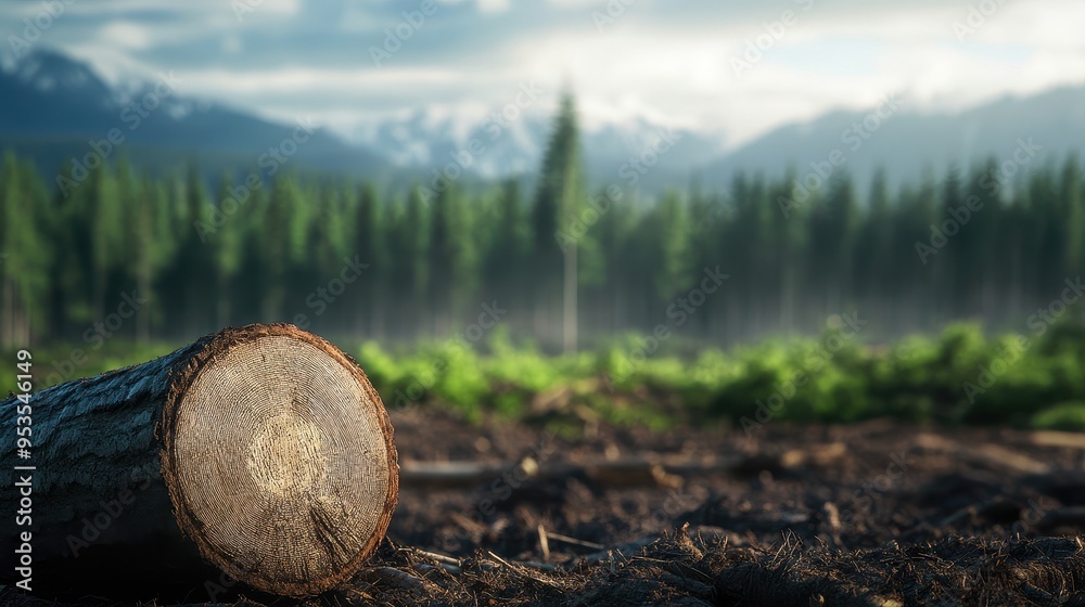 Log in a serene forest landscape with mist and mountain view, symbolizing nature, deforestation, and environmental conservation. Log in a serene forest landscape with mist and mountain view, symbolizing nature, deforestation, and environmental conservation.
