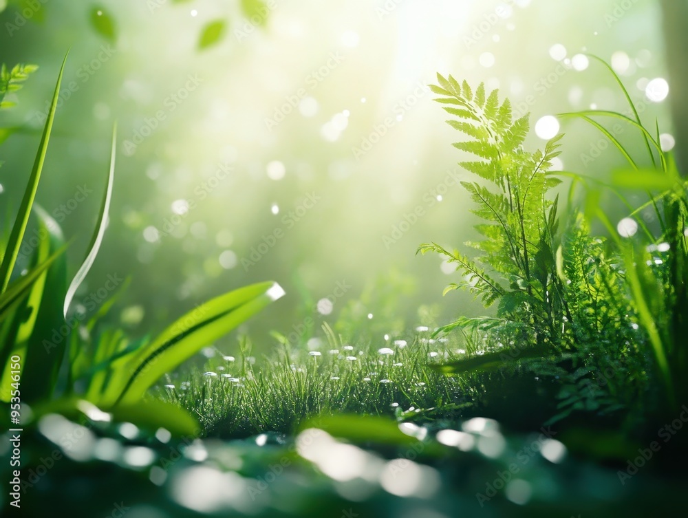 Lush, sunlit forest floor with vibrant green plants and soft, dewy grass illuminated by a beam of warm morning sunlight. Lush, sunlit forest floor with vibrant green plants and soft, dewy grass illuminated by a beam of warm morning sunlight.