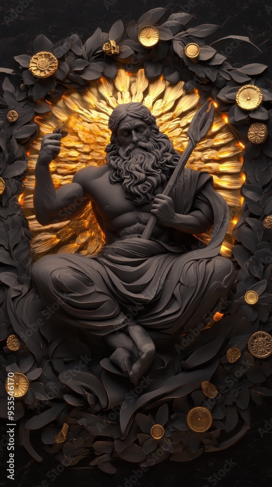 Intricate sculpture of a god with a staff, surrounded by glowing elements and crafted details, showcasing art and mythology. Intricate sculpture of a god with a staff, surrounded by glowing elements and crafted details, showcasing art and mythology.