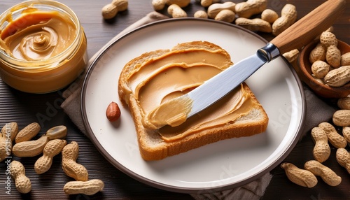 Spreading peanut butter on the bread with a knife on the plate