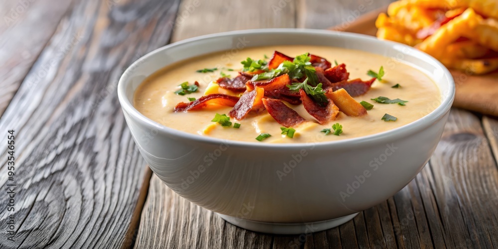 Bowl of creamy soup topped with crispy bacon and melted cheese, soup, bowl, bacon, cheese, creamy, topping, comfort food Bowl of creamy soup topped with crispy bacon and melted cheese, soup, bowl, bacon, cheese, creamy, topping, comfort food