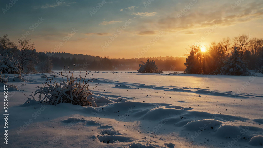 Winter sunrise over snowy landscape winter landscape background