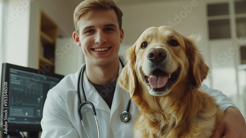 potrait of man and dog in vet