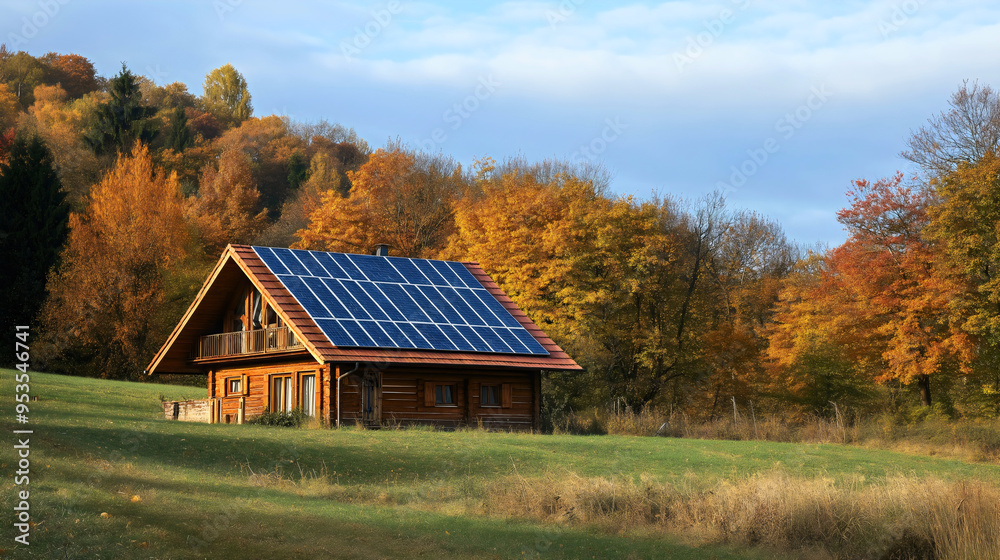 House home in a forest or mountain, with a solar panel system, sustainable nature environment, green electricity and energy power landscape House home in a forest or mountain, with a solar panel system, sustainable nature environment, green electricity and energy power landscape