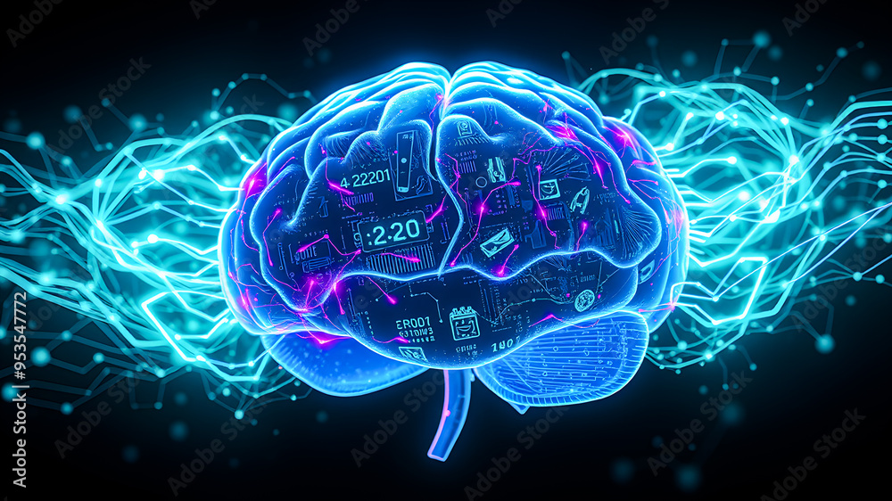 Digital mind as brain shaped with blue neural connection lines and glowing CPU with data transferring information artificial intelligence concept. Future, science modern technology. AI generated
Digital mind as brain shaped with blue neural connection lines and glowing CPU with data transferring information artificial intelligence concept. Future, science modern technology. AI generated