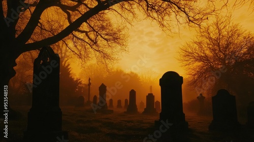 Sunset over a mist-covered graveyard, featuring dark silhouettes of trees and ancient tombstones under a fading orange sky.