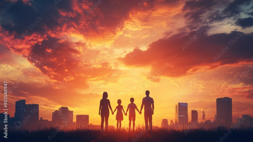Sunset silhouette of a family holding hands, framed by a vibrant sky and cityscape, representing unity and urban connections. Sunset silhouette of a family holding hands, framed by a vibrant sky and cityscape, representing unity and urban connections.