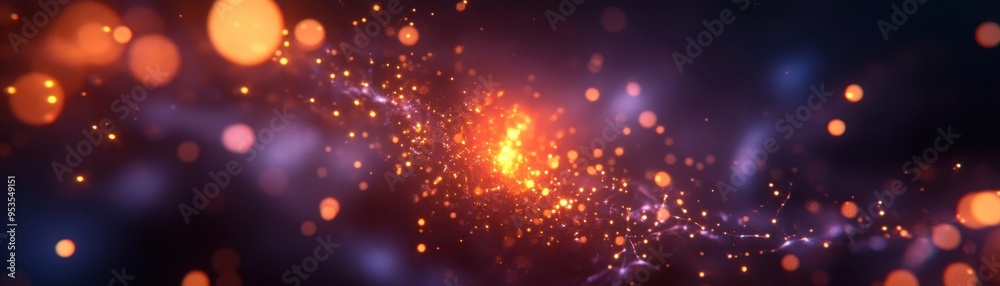 Abstract colorful explosion of light particles in space with glowing orange and blue bokeh, evoking a sense of energy and motion. Abstract colorful explosion of light particles in space with glowing orange and blue bokeh, evoking a sense of energy and motion.