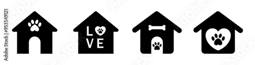 Doghouse icon with bone, love, heart and paw symbol set. Doghouse vector Icon set in black and white color. Doghouse icon set in different style. Vector illustration.