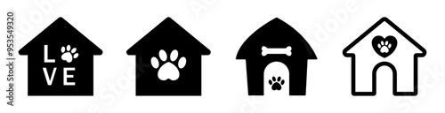 Doghouse icon with bone, love, heart and paw symbol set. Doghouse vector Icon set in black and white color different shape. Doghouse kennel vector icon.