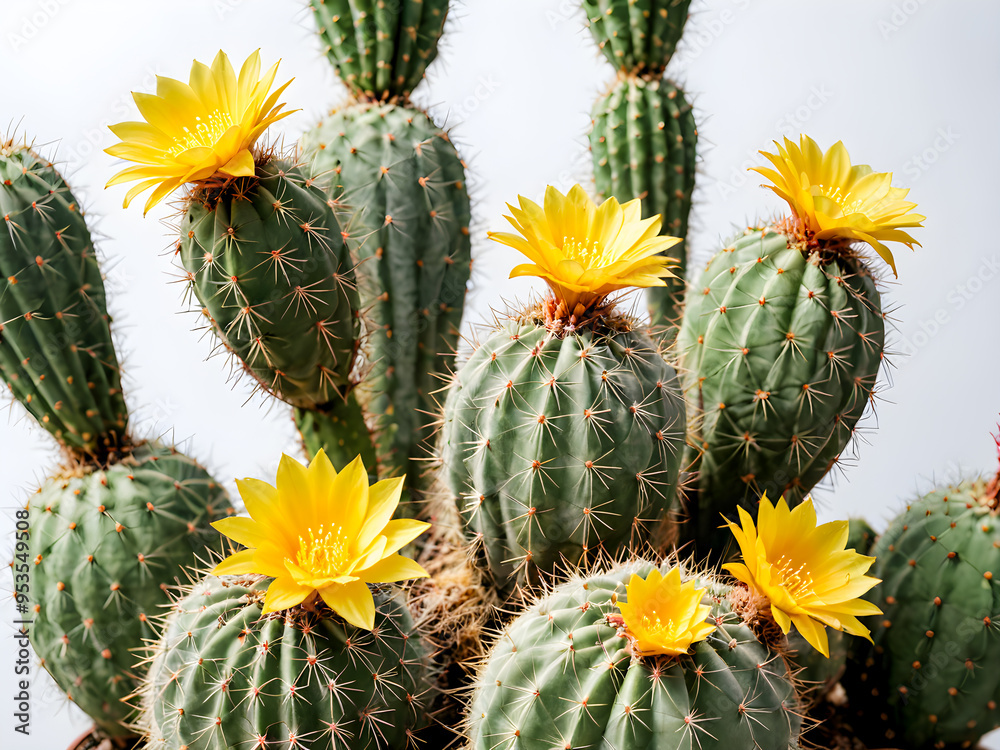 Bright yellow blooming cactus,Cactus with colorful flowers in a pot,Close-up of cactus blossoms Bright yellow blooming cactus,Cactus with colorful flowers in a pot,Close-up of cactus blossoms