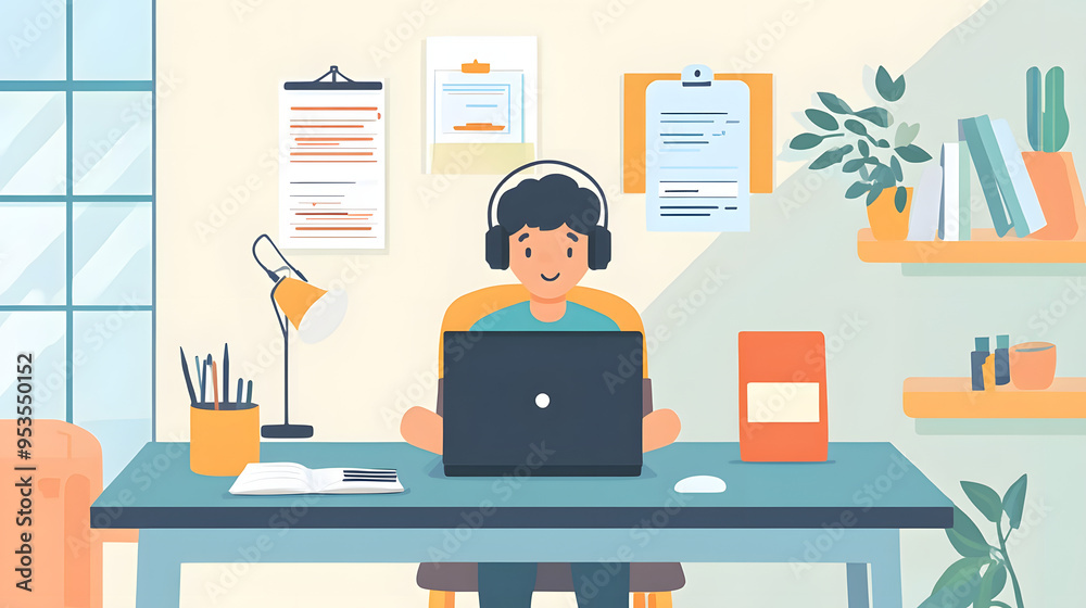 Illustration of a Person Working from Home with a Laptop and Headphones