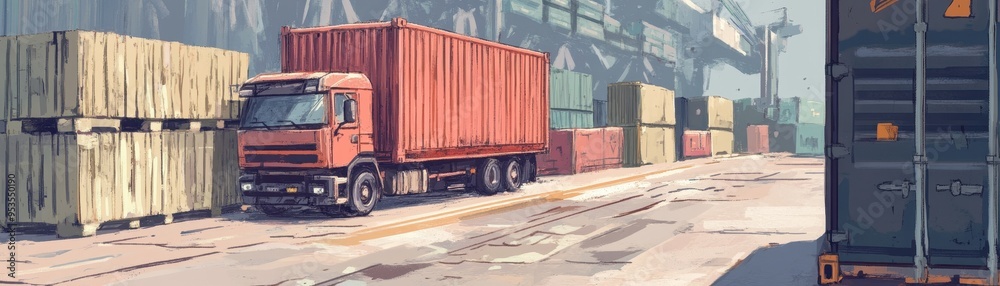 Digital illustration of a cargo truck in a bustling shipping yard, surrounded by stacked containers, capturing an industrial atmosphere. Digital illustration of a cargo truck in a bustling shipping yard, surrounded by stacked containers, capturing an industrial atmosphere.