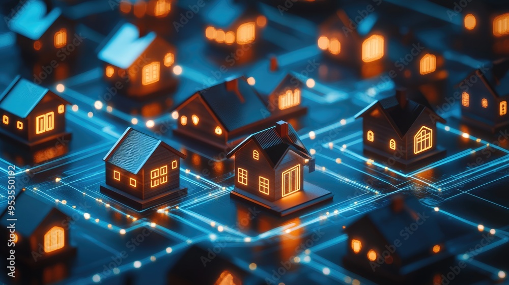 Tiny houses arranged on a sleek digital platform, illuminated by glowing data lines, symbolizing the modern real estate market. Tiny houses arranged on a sleek digital platform, illuminated by glowing data lines, symbolizing the modern real estate market.