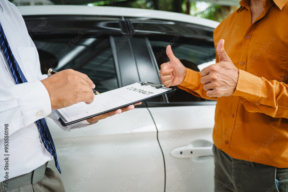 Naklejka premium Car seller agent signs a car insurance agreement with salesman. The document outlines vehicle policy, premium, rental terms, with contract paper finalized using car insurance claim mobile phone.