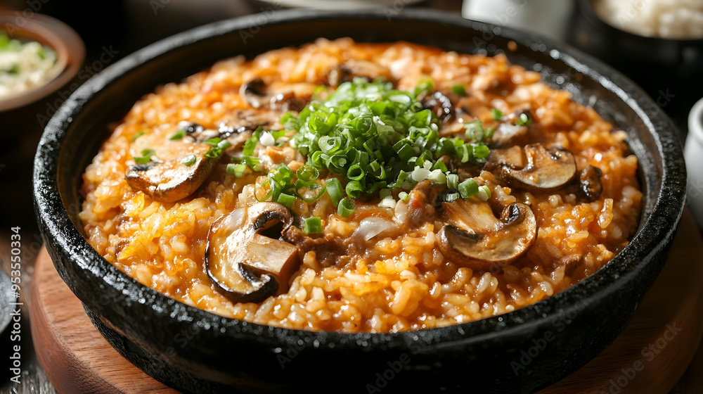 Delicious Mushroom Rice Dish in Black Bowl Delicious Mushroom Rice Dish in Black Bowl