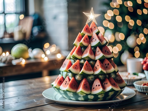 New Year's tree made of watermelon. Watermelon slices for Christmas.