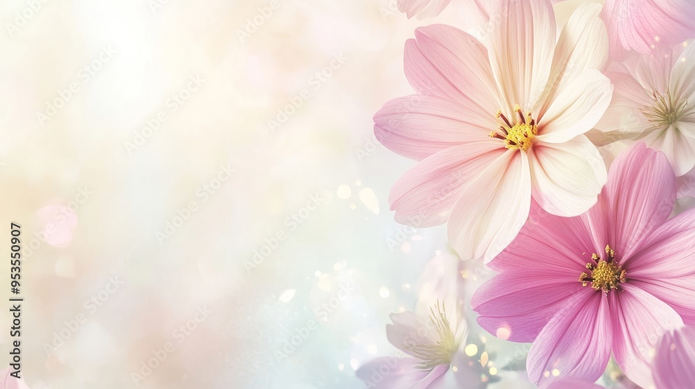 A pastel-colored background with soft, blurred spring flowers and copy space A pastel-colored background with soft, blurred spring flowers and copy space