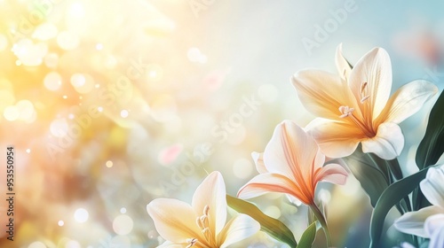 A pastel-colored background with soft spring flowers with copy space
