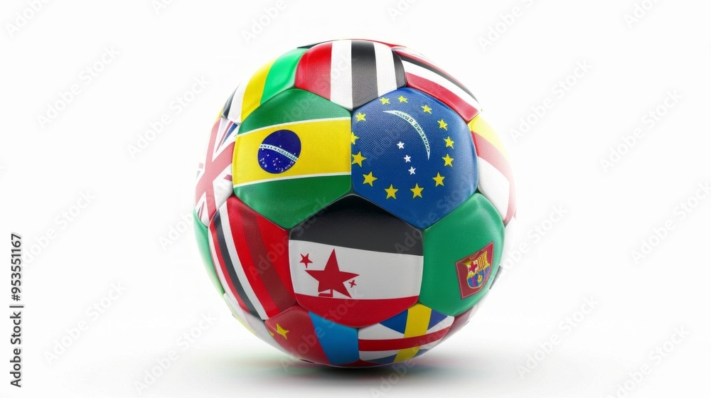 Obraz premium A colorful soccer ball showcases flags from various countries. This vibrant design symbolizes global unity and the love for the game. Perfect for sports enthusiasts. AI