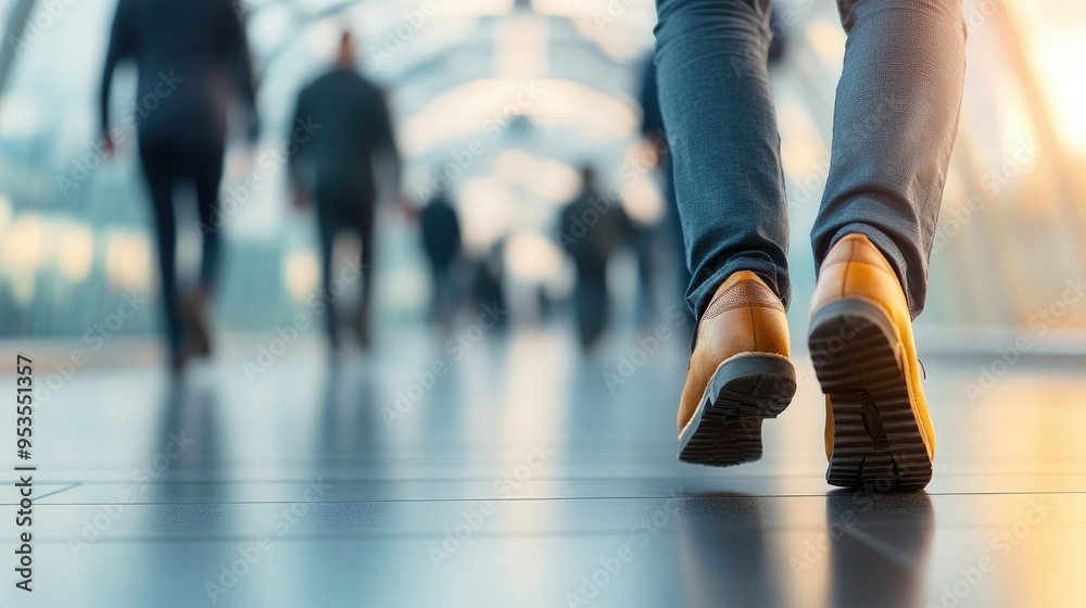 Fototapeta premium A person walks confidently on a modern walkway, showcasing a stylish pair of shoes against a bustling background.
