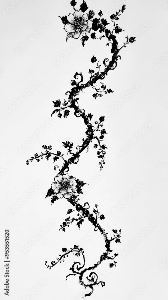 Black and White Floral Branch Illustration Black and White Floral Branch Illustration