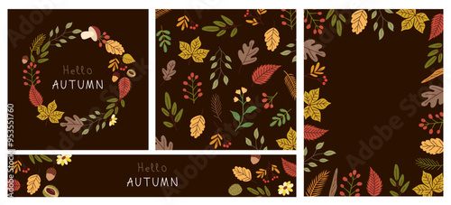 Autumn foliage background in different standard sizes, applicable to event or sale promotion. Colorful autumn leaves brochures set in flat style on dark background